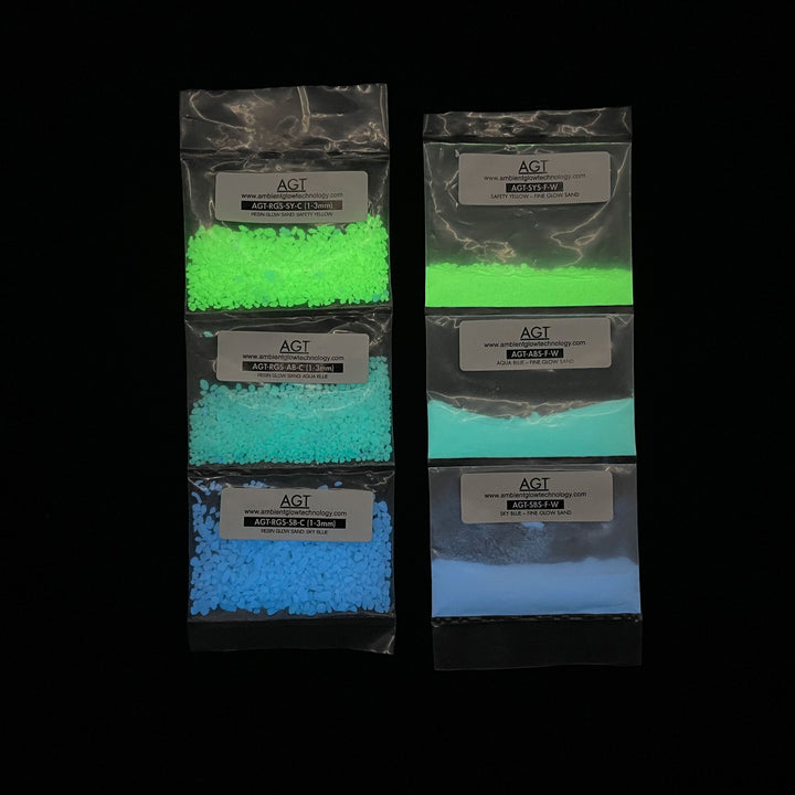 Fine Glow Sand + Resin Glow Sand Sample Strip Bundle. In Sky Blue, Aqua Blue, and Safety Yellow colours. Glowing in the dark.