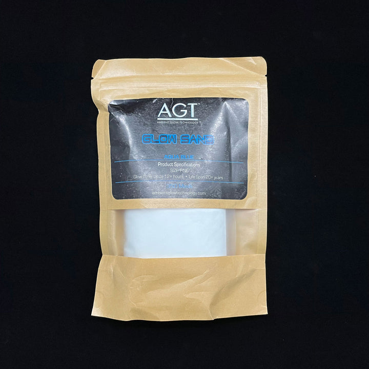Packaging of the 1lb. bag of Aqua Blue Fine Glow Sand