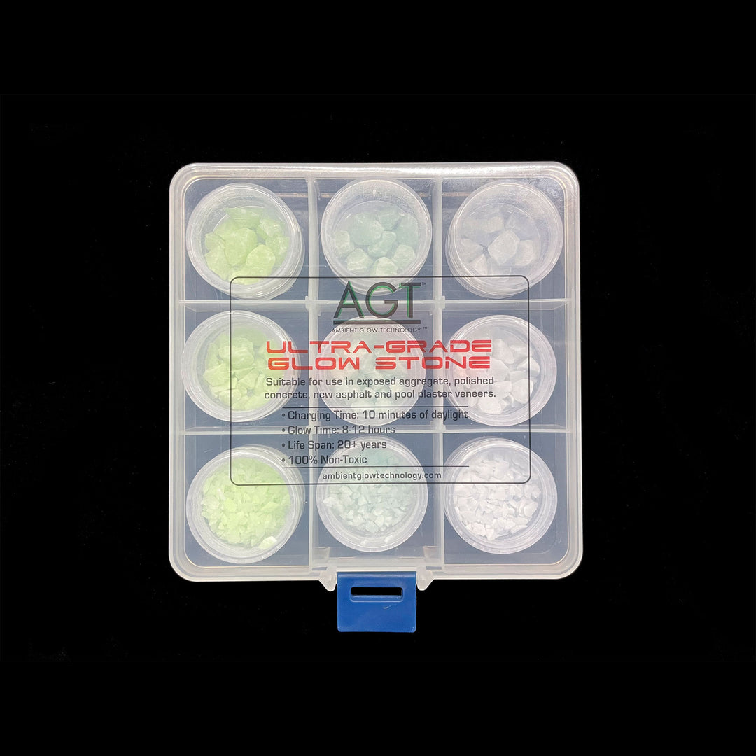 The Premium AGT™ Ultra Grade Sample Kit contains each of our Ultra Grade Glow Stone sizes (1/2", 1/4", 1/8") and colours; Emerald Yellow, Aqua Blue, Sky Blue.