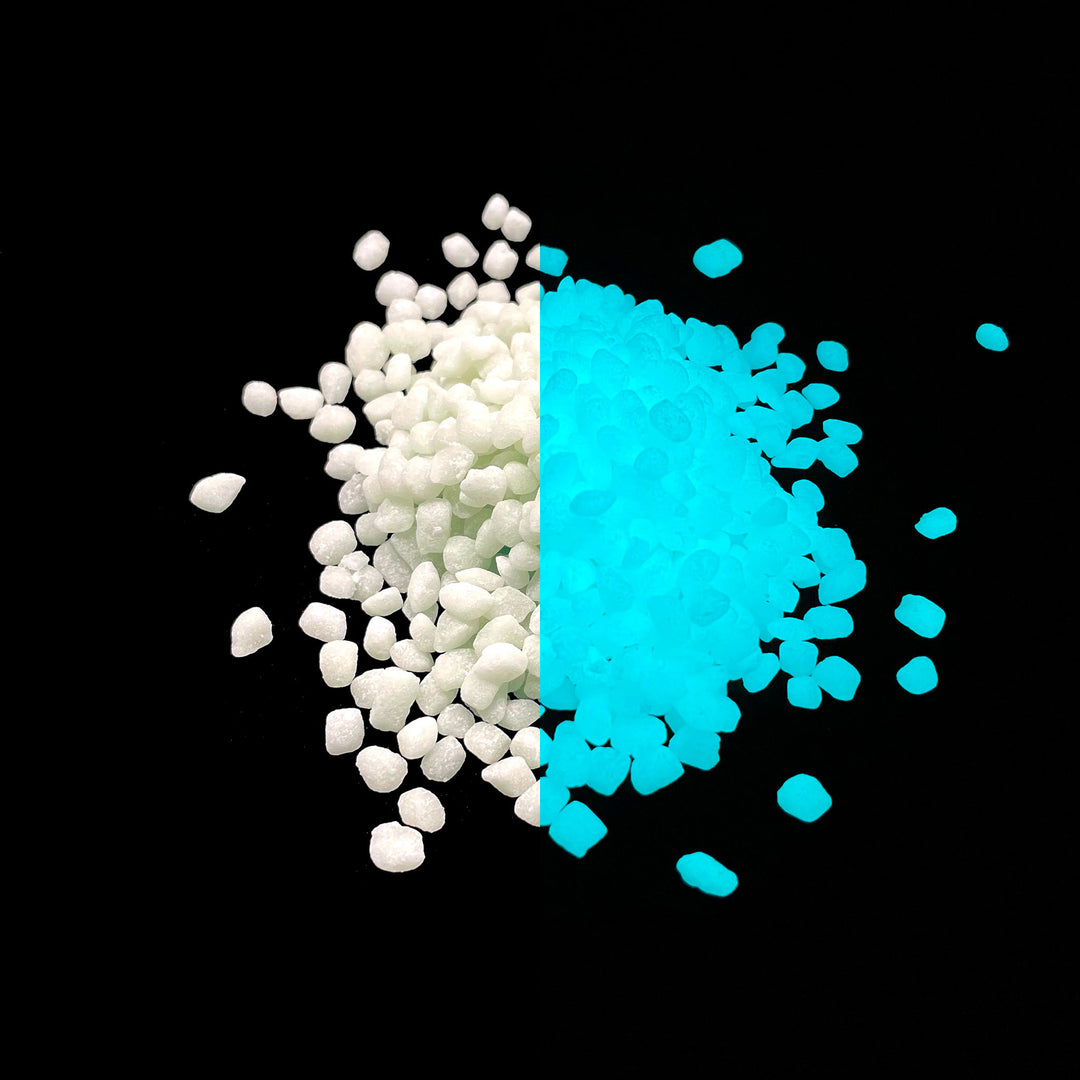Aqua Blue Glowing Mini Pebbles day and night comparison view. Glowing vs Not Glowing