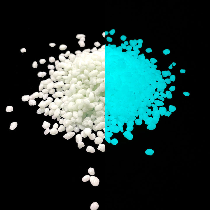 Pile of Aqua Blue Glowing Mini Pebbles day and night comparison view. Glowing vs Not Glowing