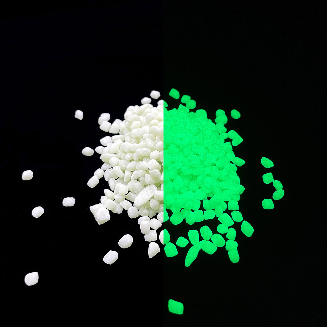 Day and night time comparison view of a pile of Emerald Yellow Glowing Mini Pebbles