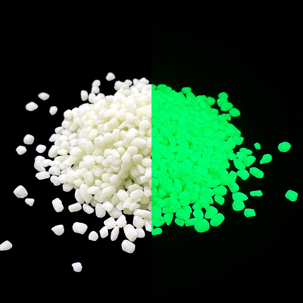Day and night time comparison view of a large pile of Emerald Yellow Glowing Mini Pebbles