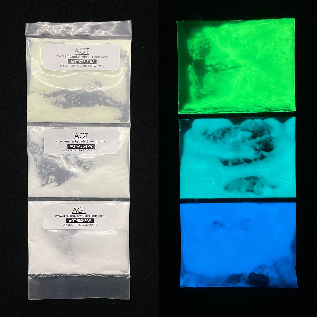 Fine Glow Sand Sample Strip in Sky Blue, Aqua Blue, and Emerald Yellow. Glowing in the dark sand. Side by side comparison.