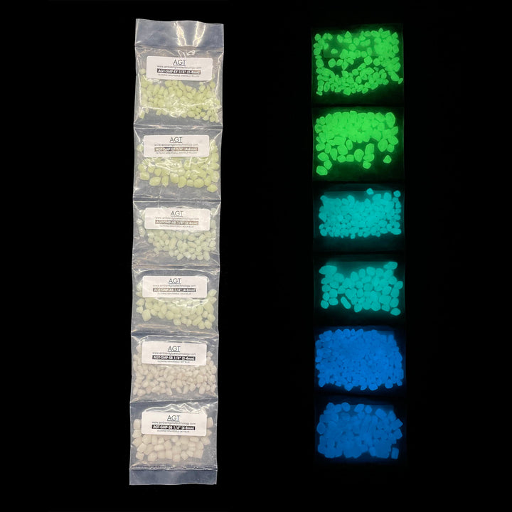 This Sample Strip contains AGT™ Glowing Mini Pebbles in Emerald Yellow, Aqua Blue and Sky Blue in both 1/4" and 1/8" sizes. Day and night time view comparison.