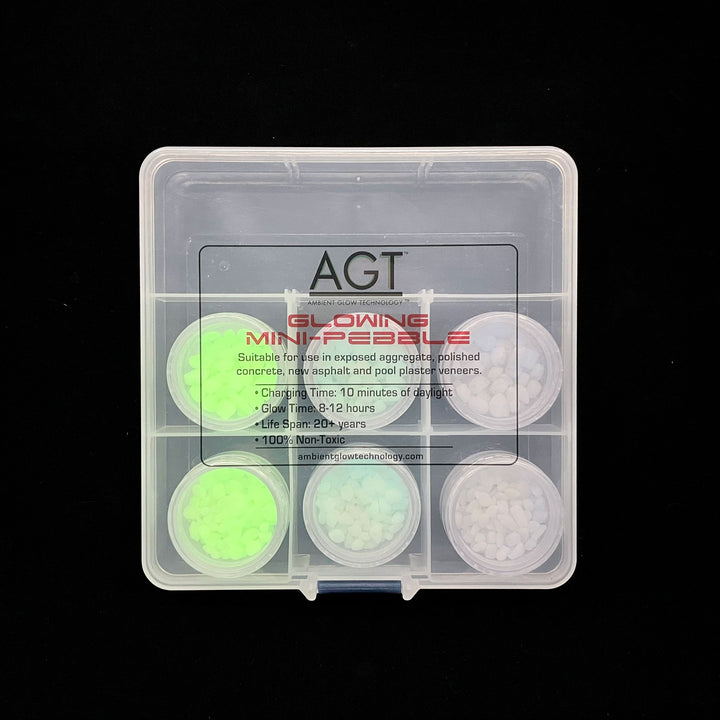 This Premium Glowing Mini Pebble Sample Kit contains AGT™ Glowing Mini Pebble samples in all three colors; Emerald Yellow, Aqua Blue and Sky Blue and in both 1/4" & 1/8" sizes.