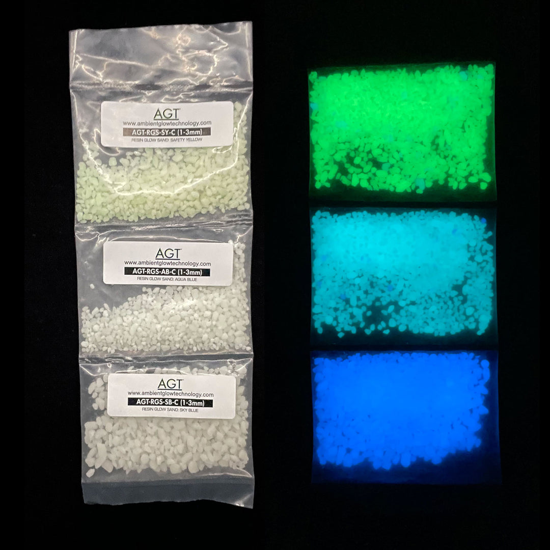 AGT™ Resin Glow Sand Sample Strip in Aqua Blue, Sky Blue, and Safety Yellow. Side by side comparison of day and night view.