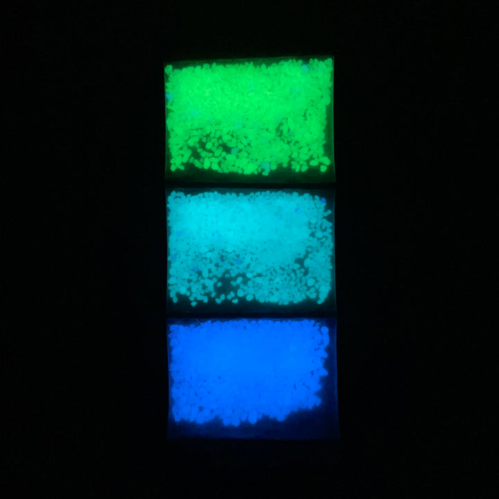 AGT™ Resin Glow Sand Sample Strip in Aqua Blue, Sky Blue, and Safety Yellow. Glow in the dark view.