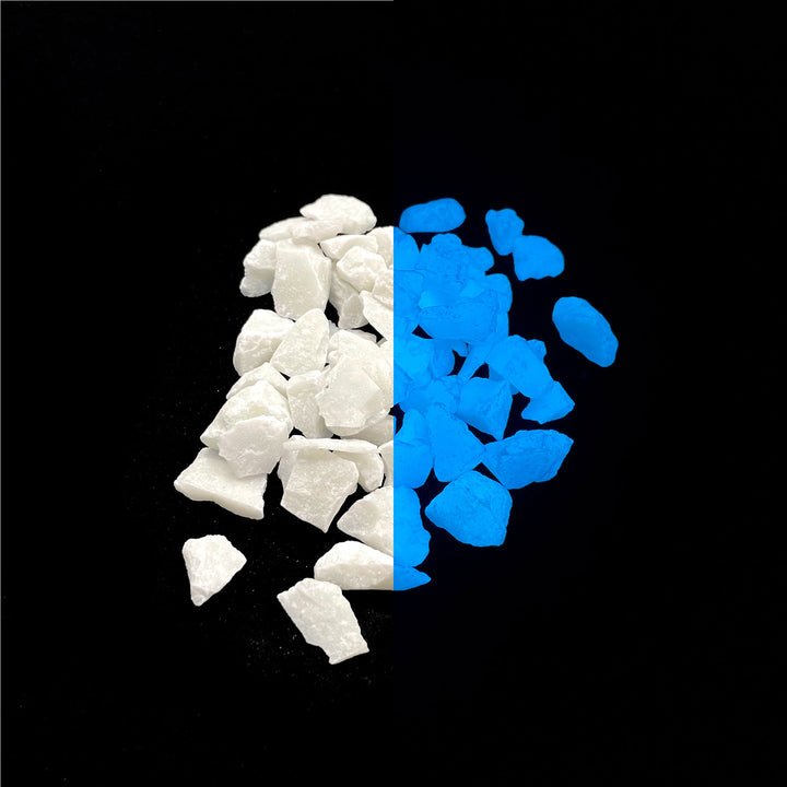 AGT™ Sky Blue ULTRA Grade Glow Stones 1/2". Side by side glow in the dark comparison.