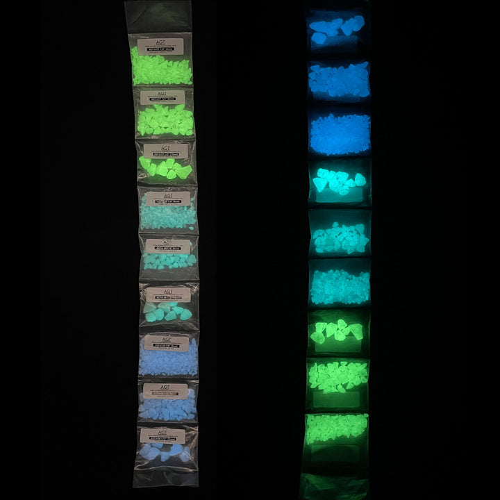 AGT™ Ultra Grade Glow Stone Sample Strip includes 1/2", 1/4" and 1/8" sizes in 3 colours, Emerald Yellow, Aqua Blue and Sky Blue.